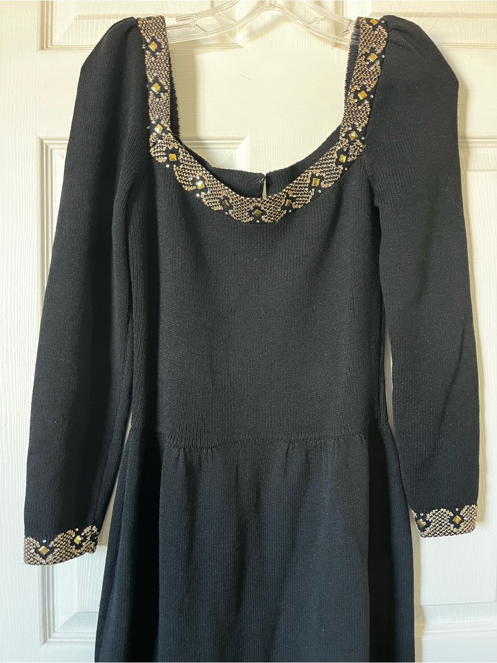 St. John Evening Black Long Sleeve Scoop Neck Dress with Metallic Bead Trim - Picture 2 of 7